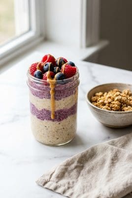 Protein overnight oats in mason jar topped with berries