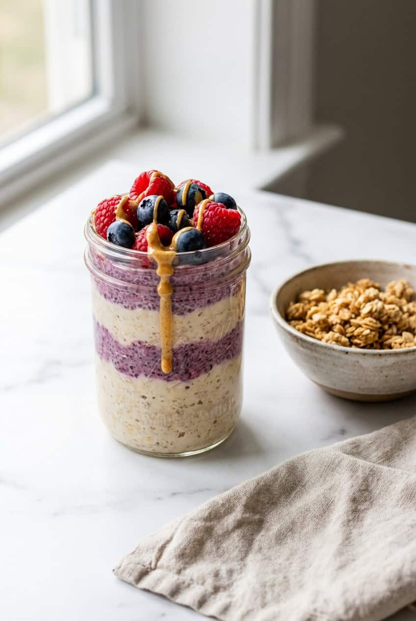 Protein overnight oats in mason jar topped with berries
