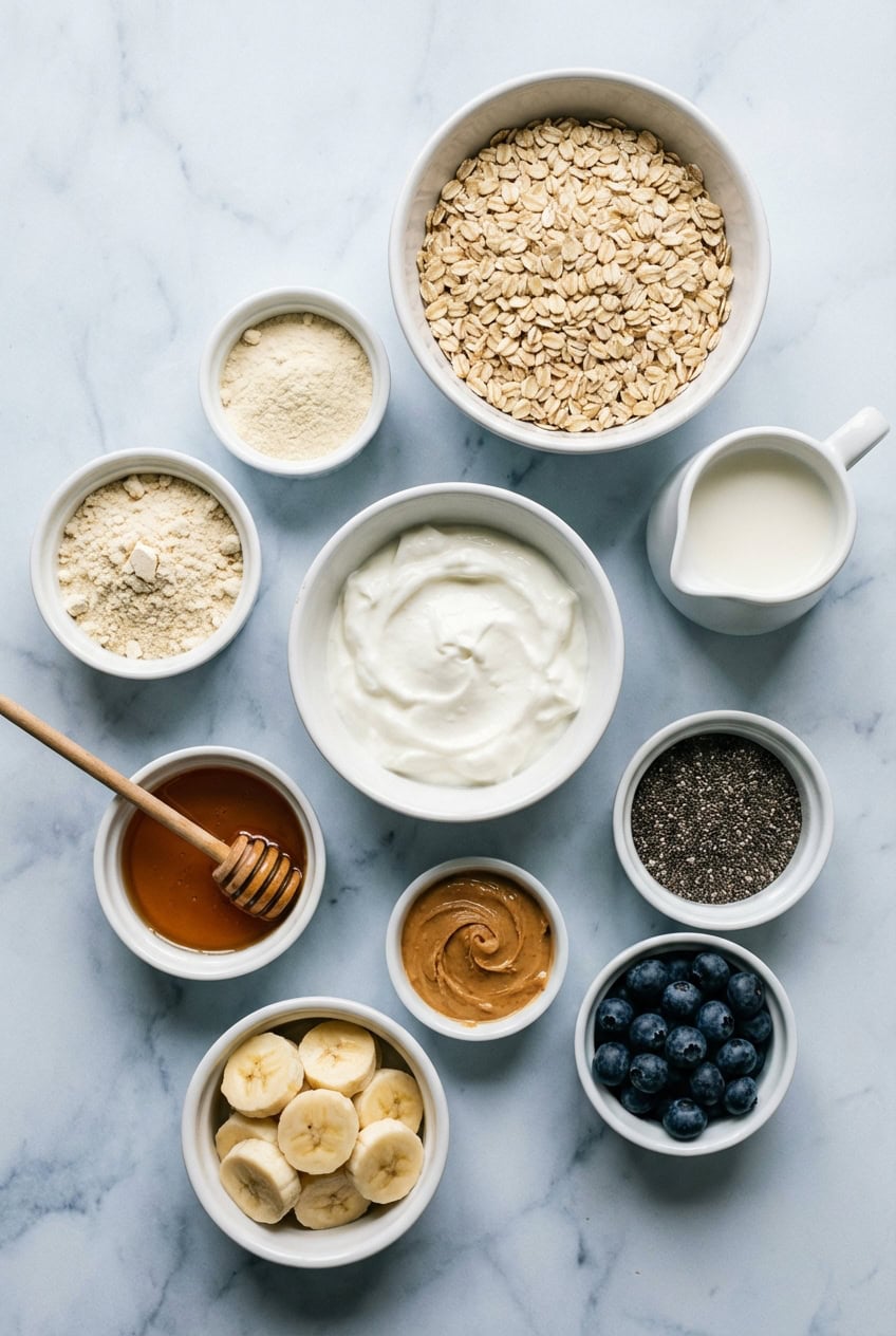 Ingredients for protein overnight oats in white bowls on marble