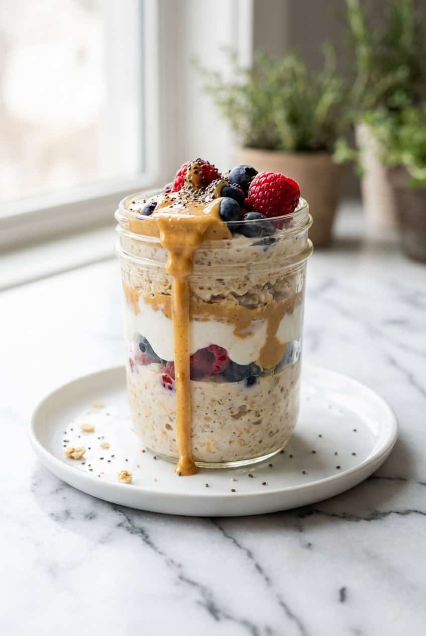 Single serving protein overnight oats with peanut butter and berries