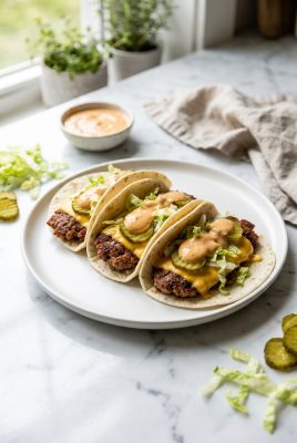 Smash burger tacos with crispy beef in flour tortillas on white plate
