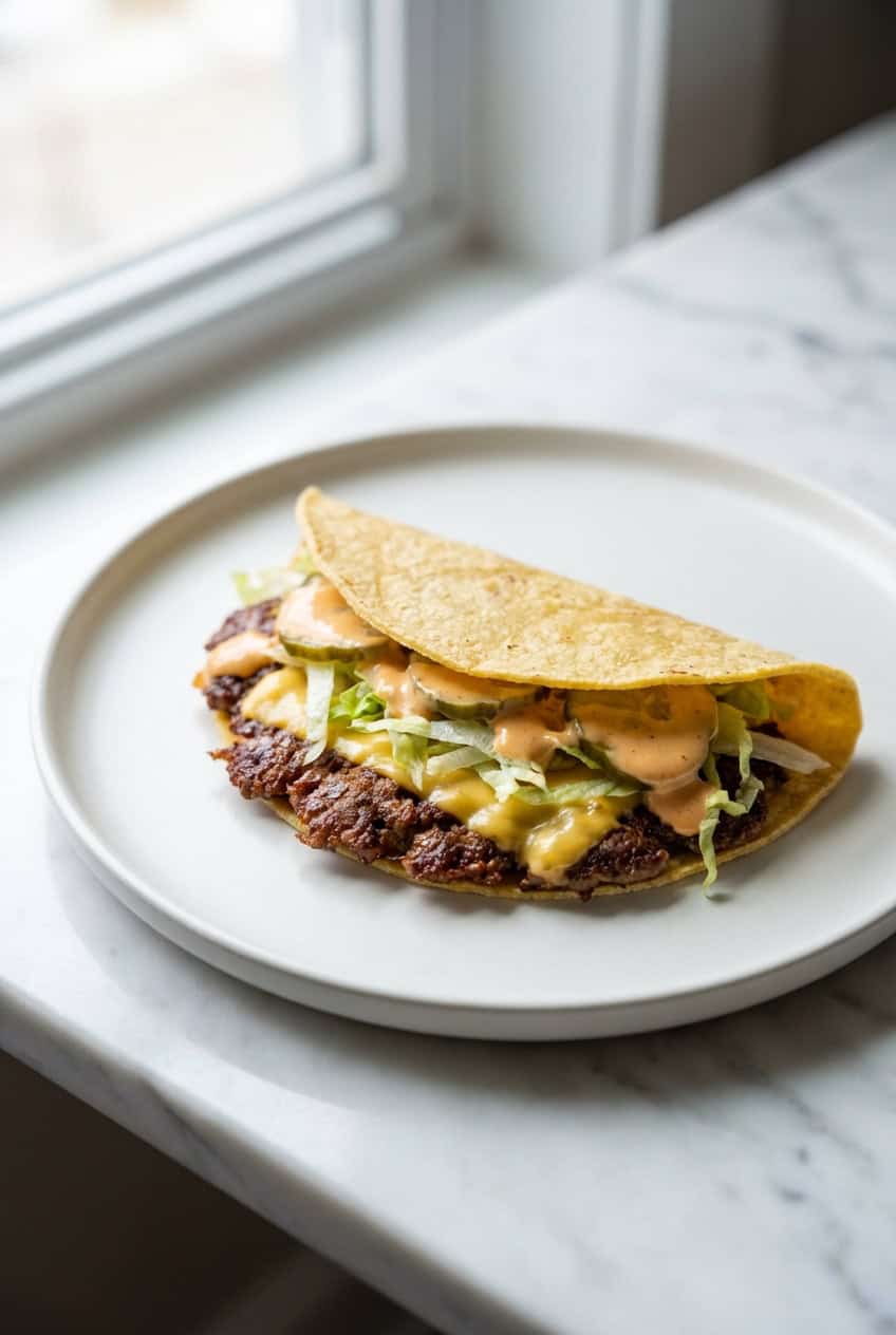 Single smash burger taco with melted cheese and toppings on white plate
