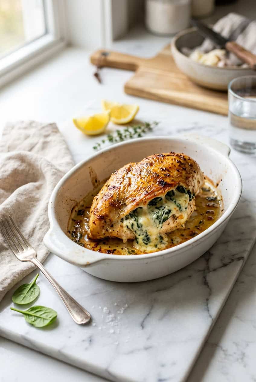 Chicken breast stuffed with spinach and cheese in a white baking dish