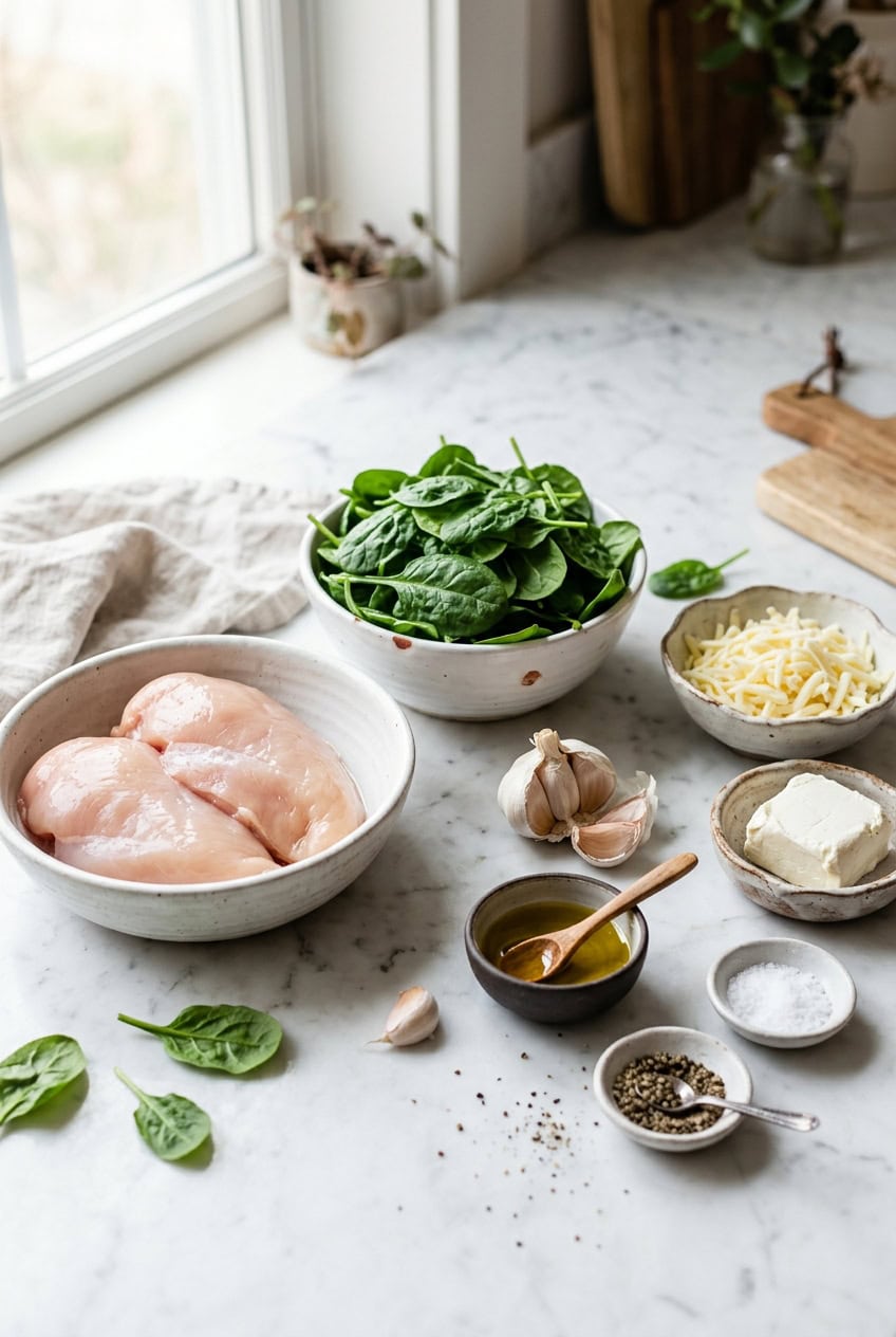 Ingredients for spinach and cheese stuffed chicken in white bowls