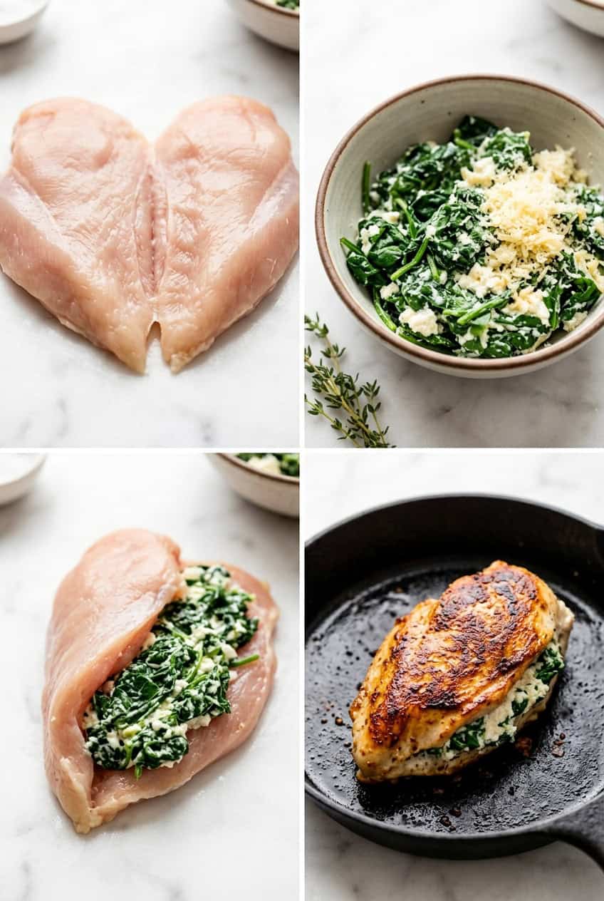 Step by step process of making stuffed chicken breast