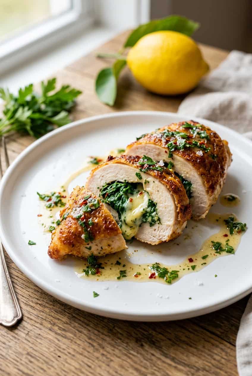 Sliced stuffed chicken breast with spinach and cheese on a white plate