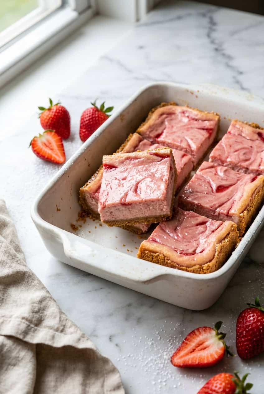 Strawberry cheesecake bars in a white ceramic baking dish on marble surface