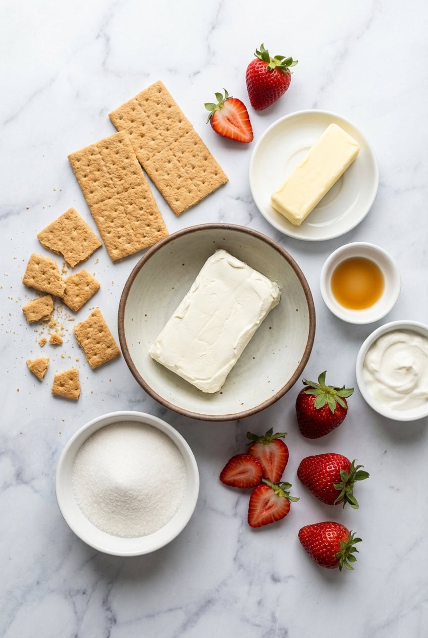 Ingredients for strawberry cheesecake bars in white ceramic bowls on marble surface