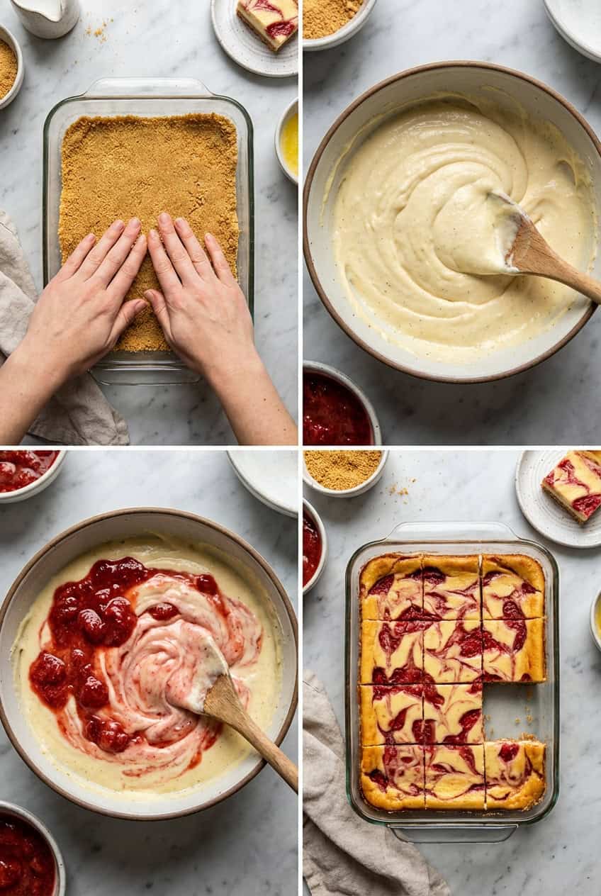 Step by step process of making strawberry cheesecake bars