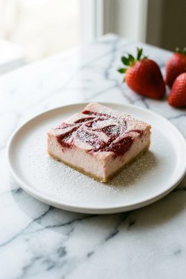 Single strawberry cheesecake bar on white plate with powdered sugar