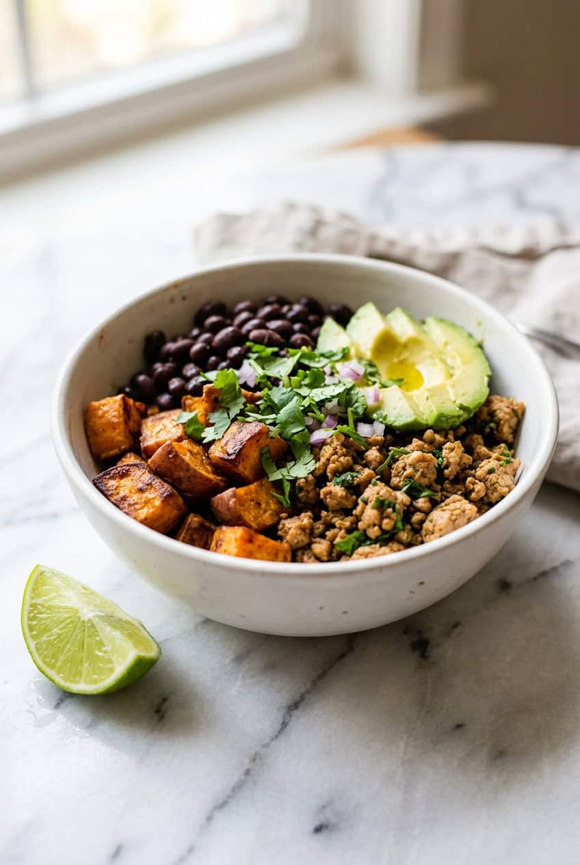 Ground turkey sweet potato bowl with avocado and black beans
