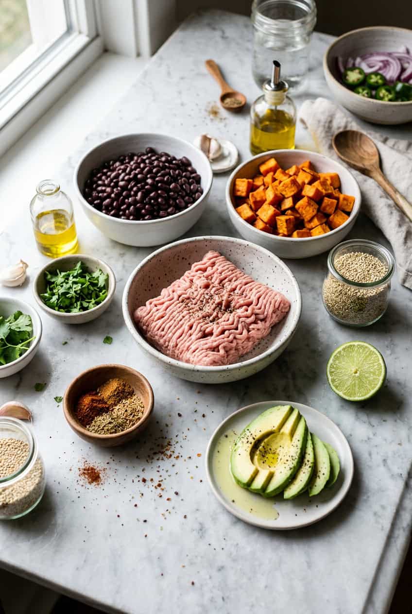 Ingredients for ground turkey sweet potato bowls