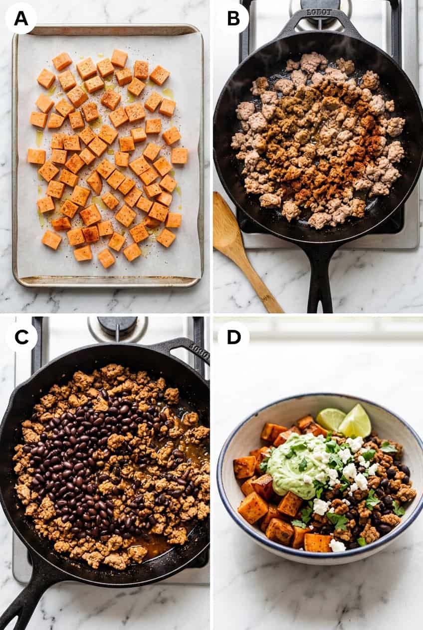 Step by step process of making turkey sweet potato bowls