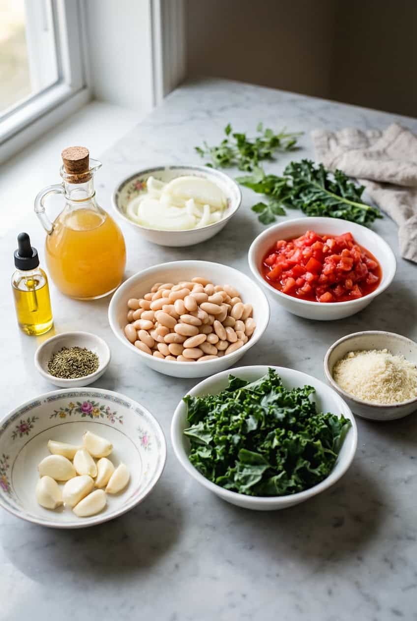 Ingredients for Tuscan white bean soup in white bowls on marble