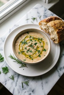 Bowl of Tuscan white bean soup with olive oil drizzle and crusty bread