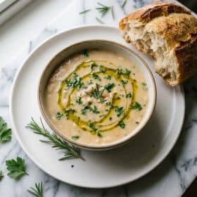 Bowl of Tuscan white bean soup with olive oil drizzle and crusty bread