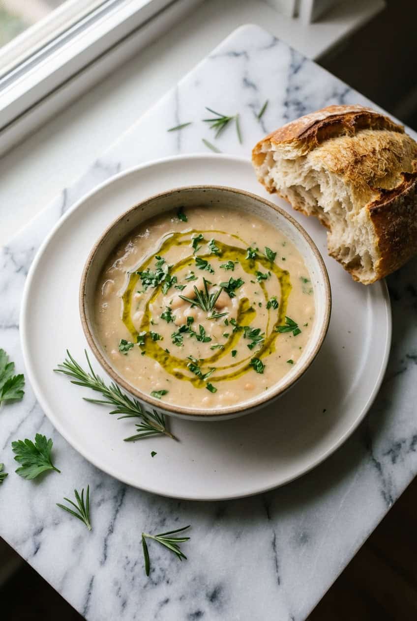 Bowl of Tuscan white bean soup with olive oil drizzle and crusty bread