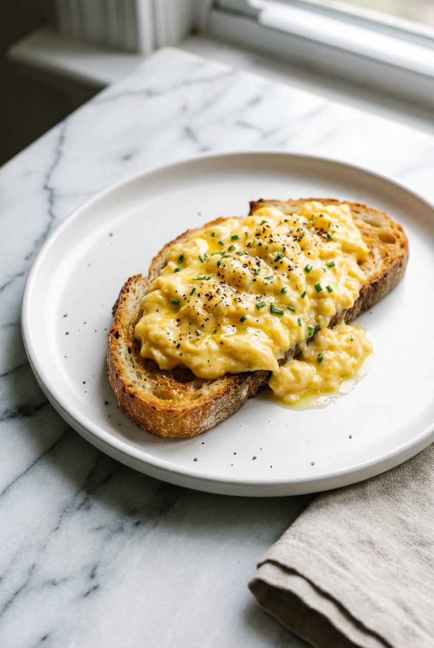 Creamy scrambled eggs on sourdough toast on white plate