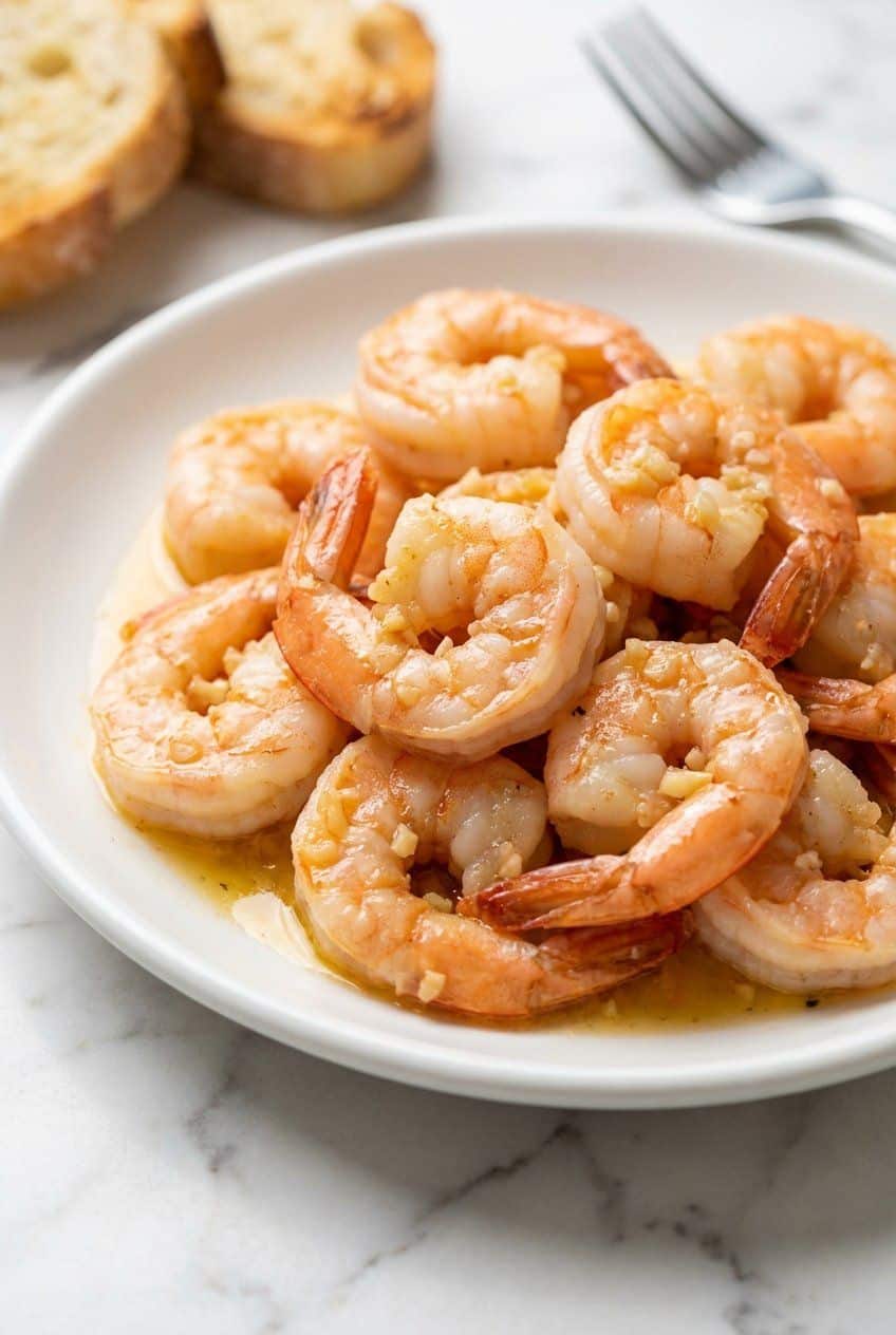 Close up of garlic butter shrimp with glistening sauce