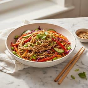 Asian sesame noodle salad in a white ceramic bowl on marble