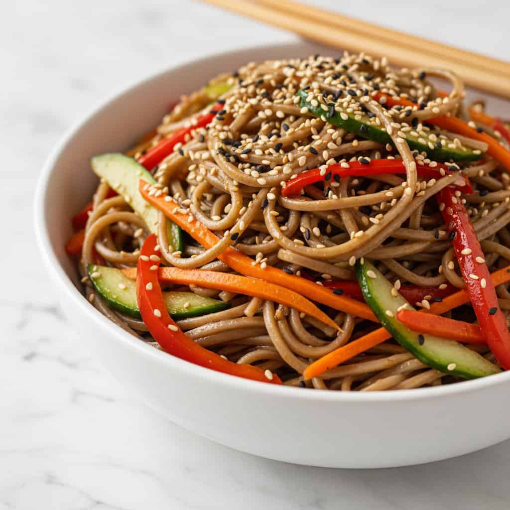 Close up of Asian sesame noodle salad with sesame seeds and scallions