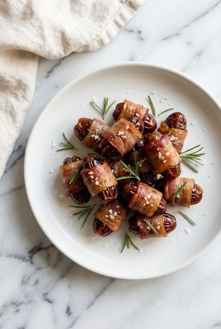 Bacon wrapped dates with sea salt on white plate