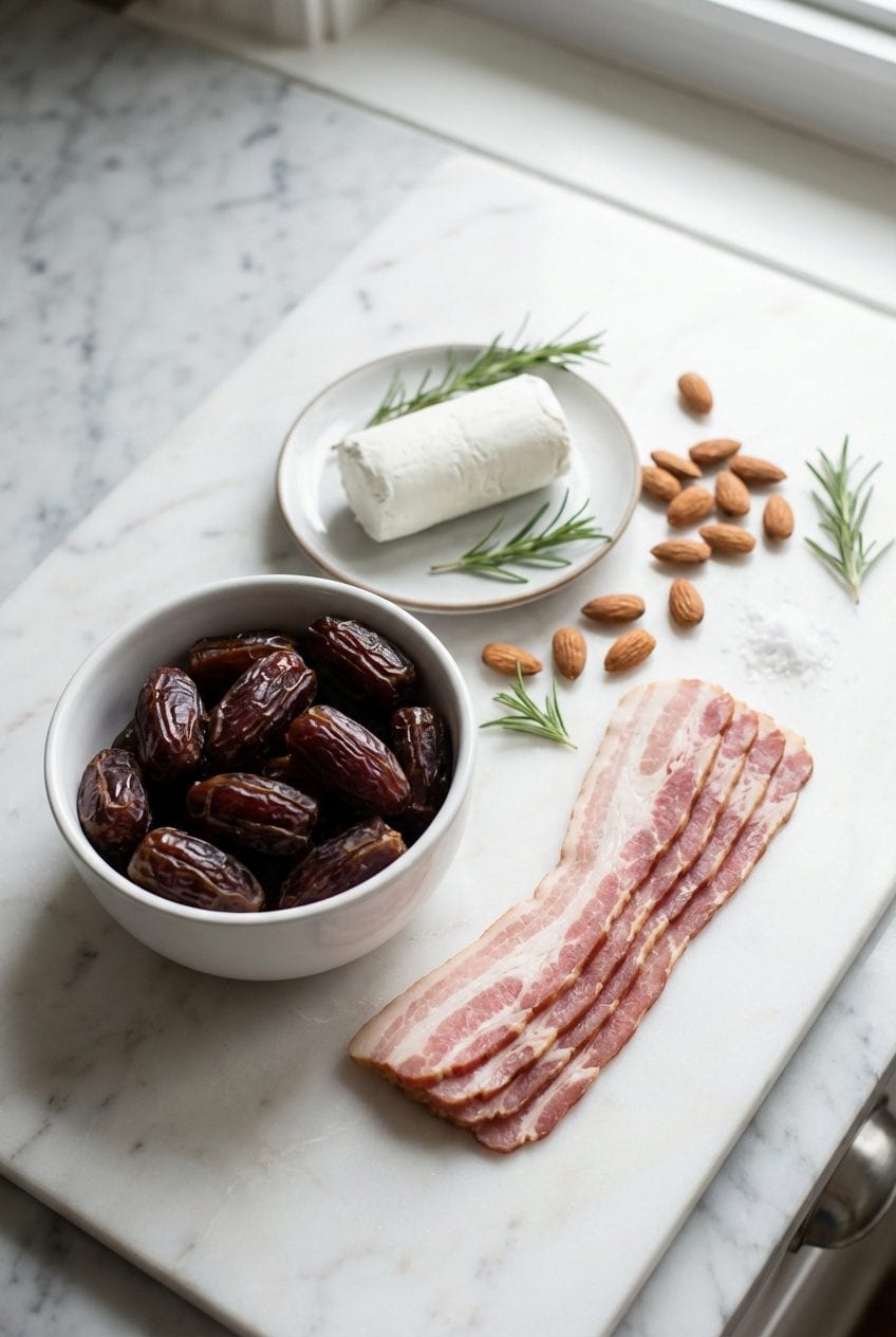 Raw ingredients for bacon wrapped dates