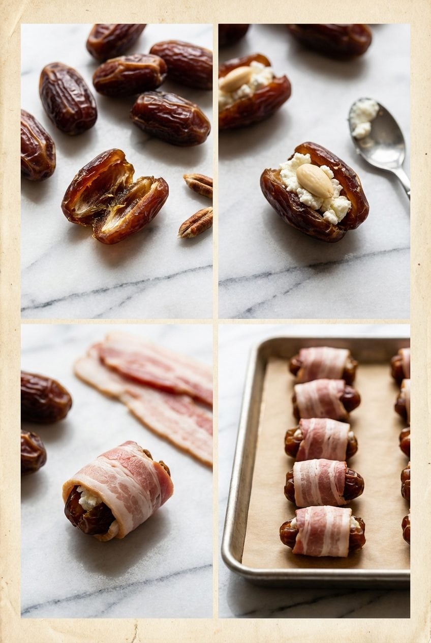 Step by step process of making bacon wrapped dates