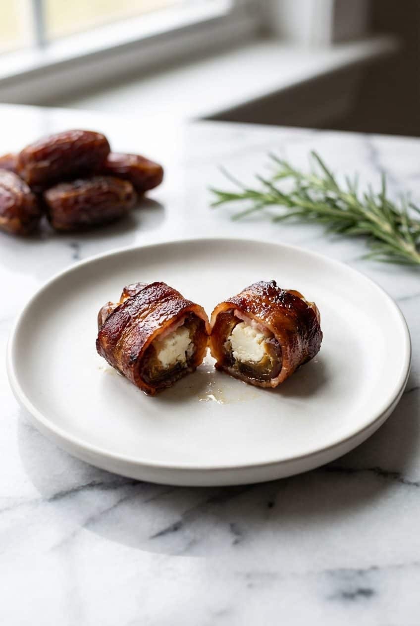 Bacon wrapped date cut in half showing goat cheese filling