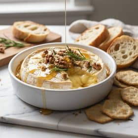 Baked brie with honey in a white ceramic dish on marble