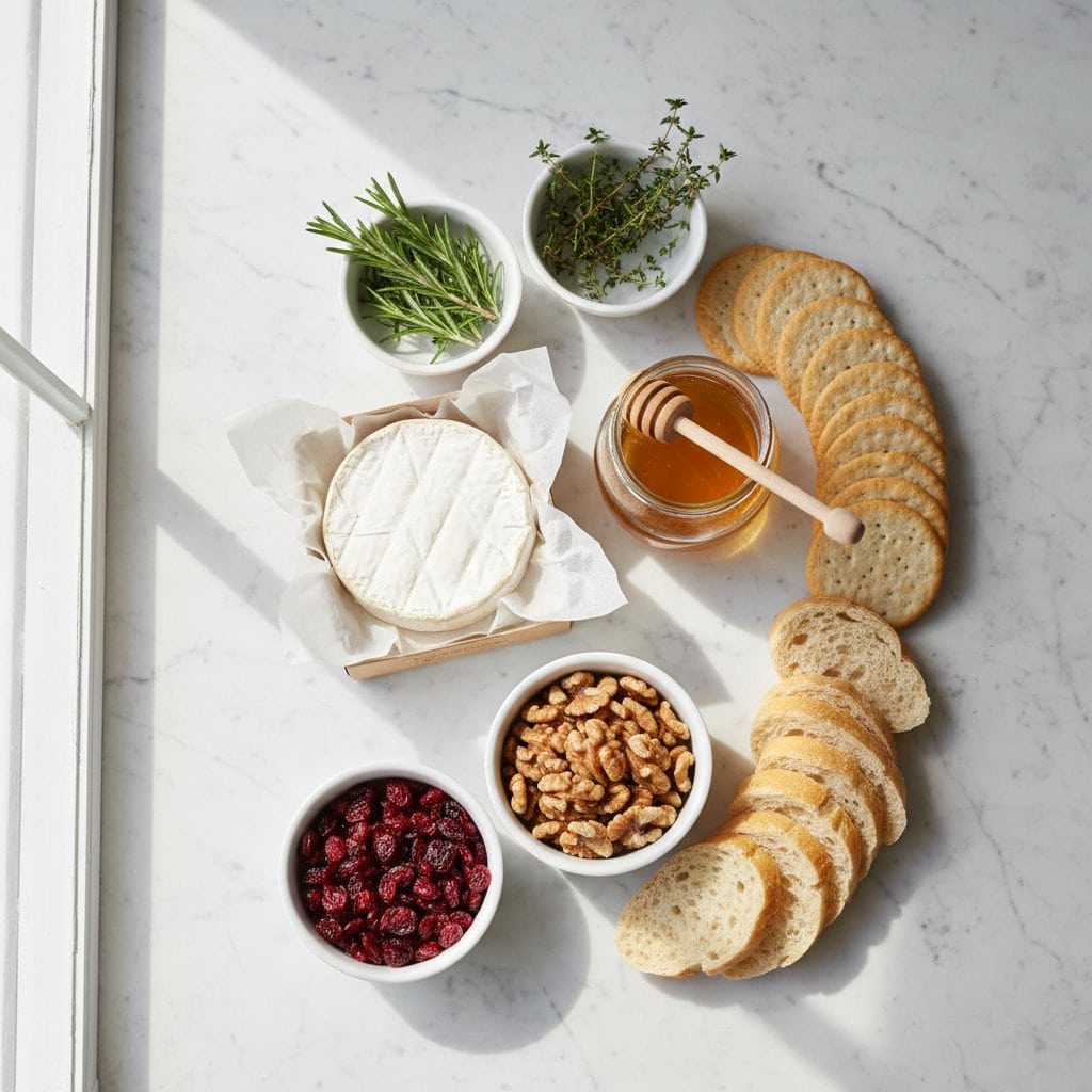 Raw ingredients for baked brie with honey