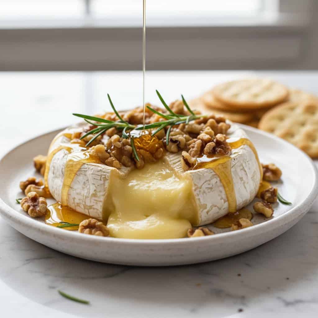 Close up of baked brie with honey dripping and walnuts