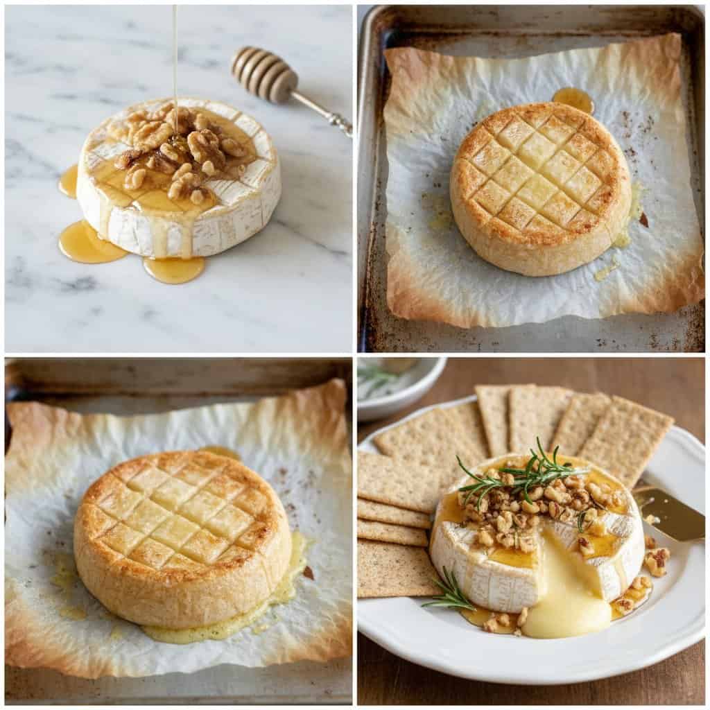 Step by step process of making baked brie with honey