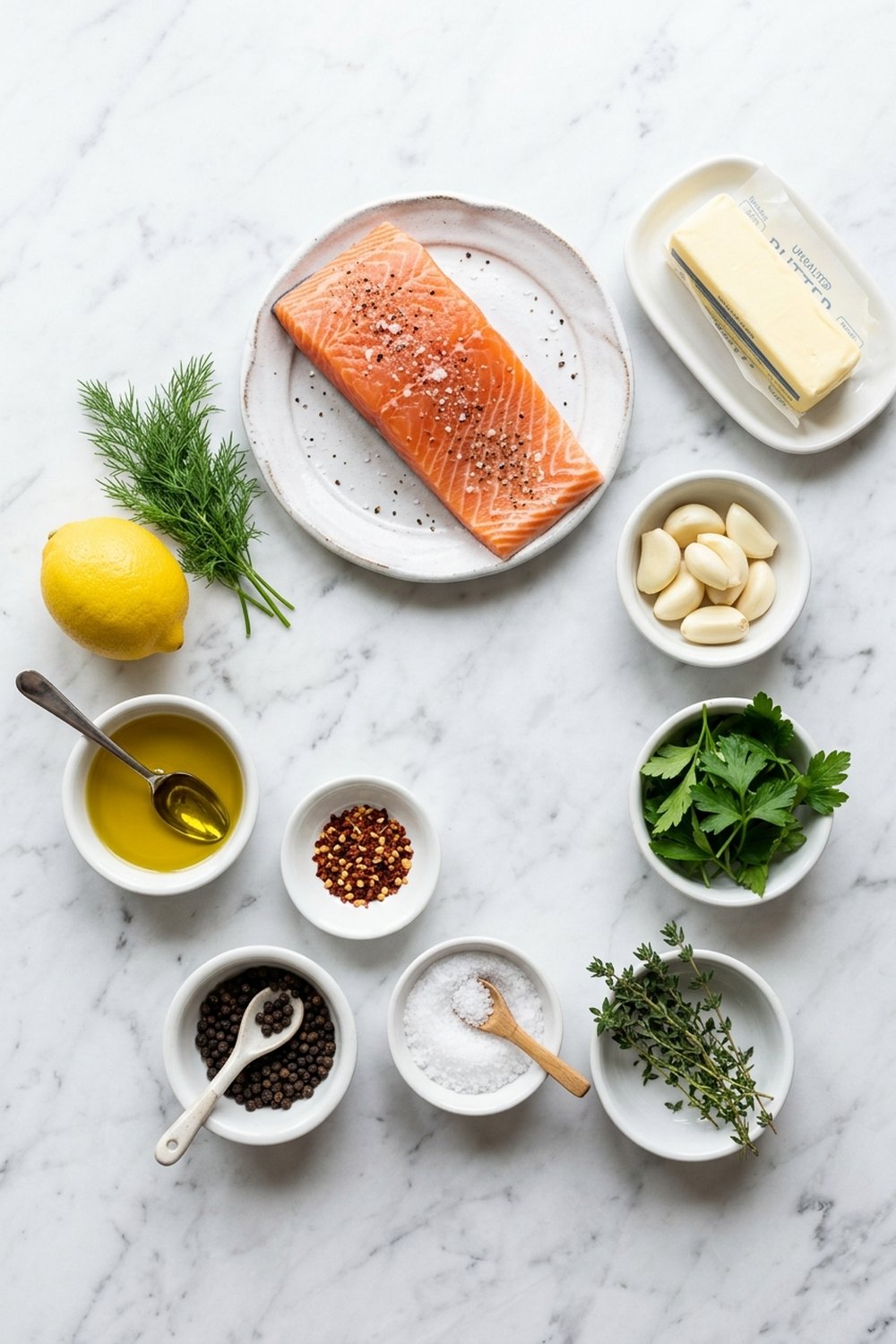 Flat lay of ingredients for baked salmon with garlic butter on white marble