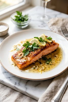 Baked salmon fillet with garlic butter and lemon slices on white plate