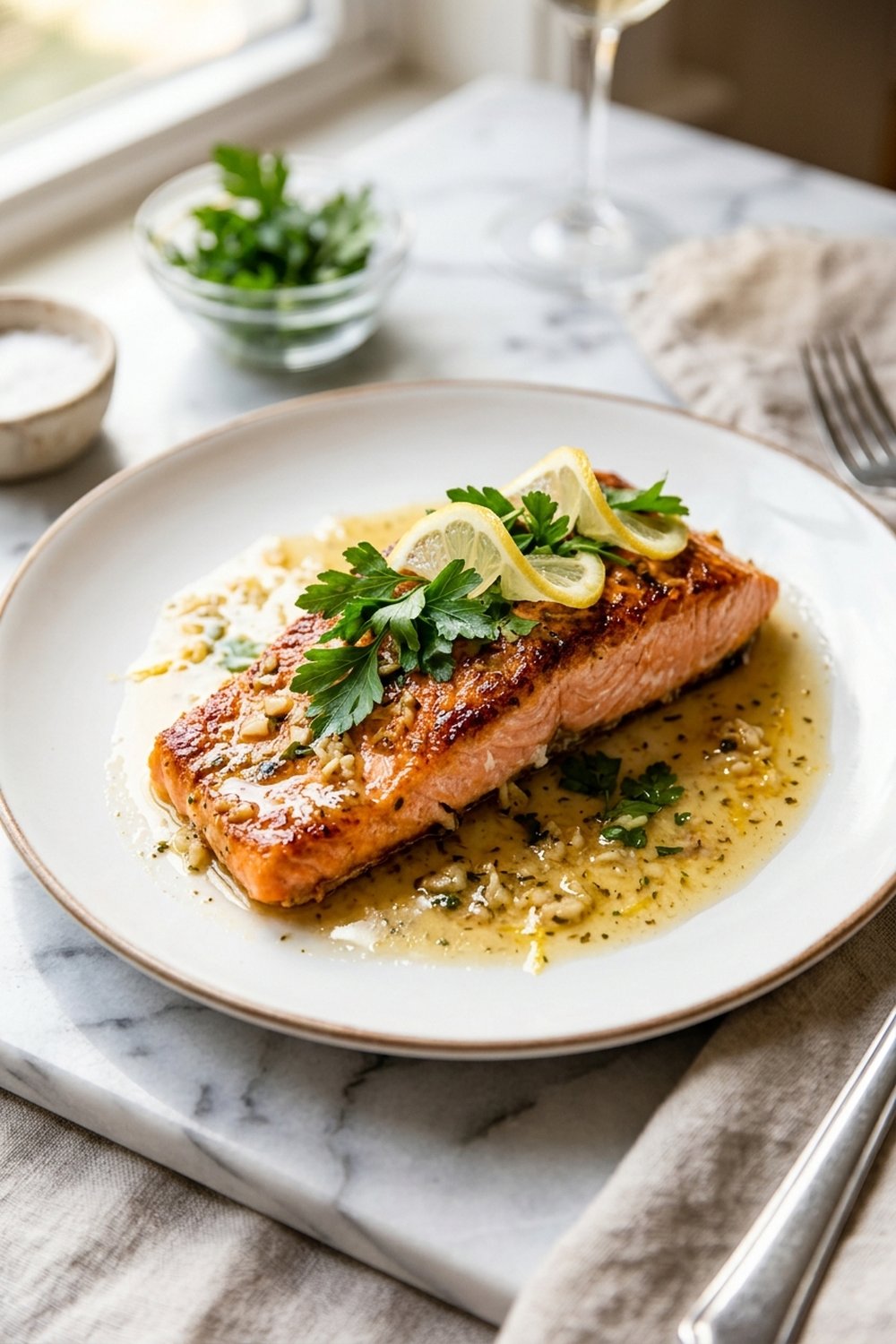 Baked salmon fillet with garlic butter and lemon slices on white plate