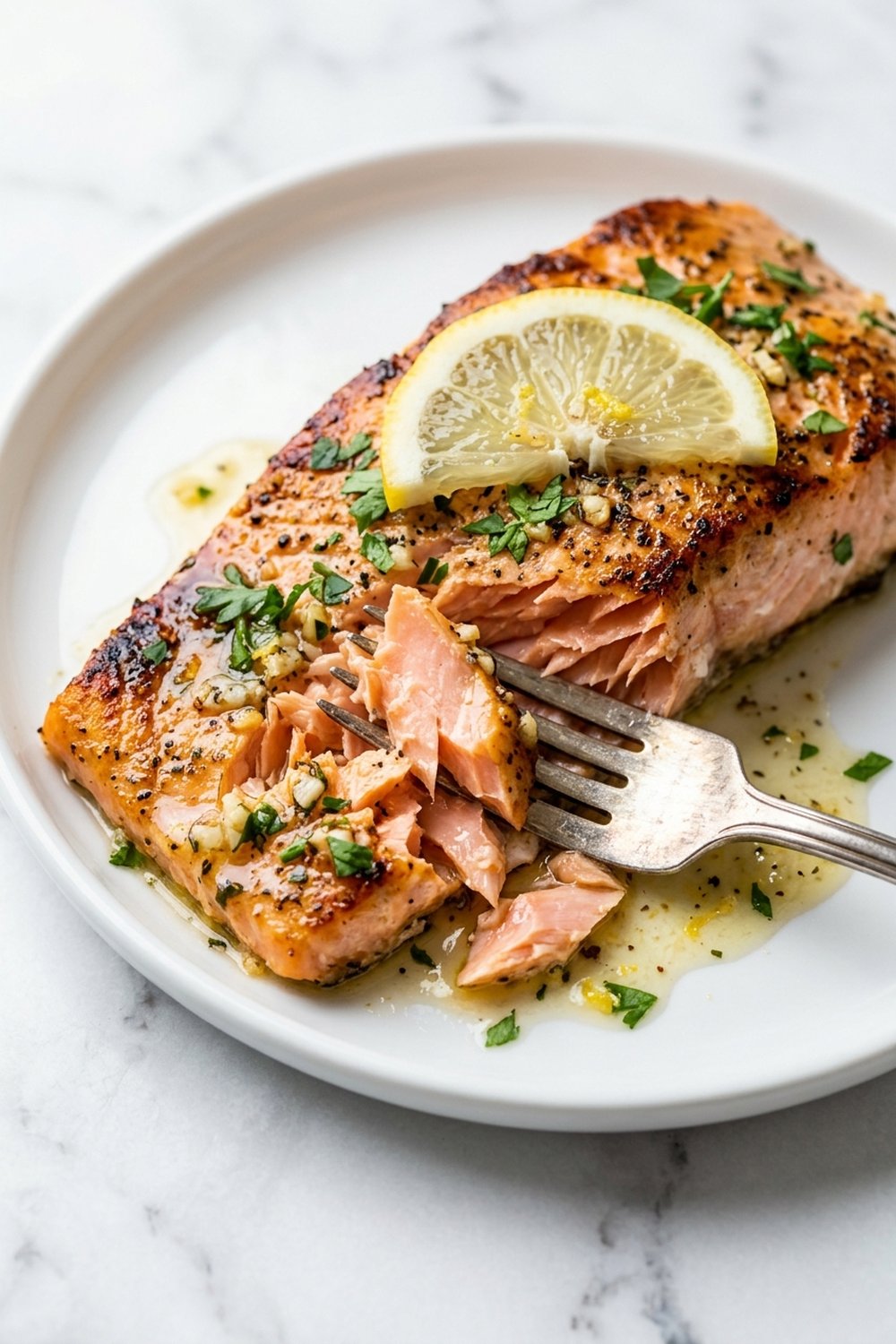 Close up of flaky baked salmon with garlic butter pooling around