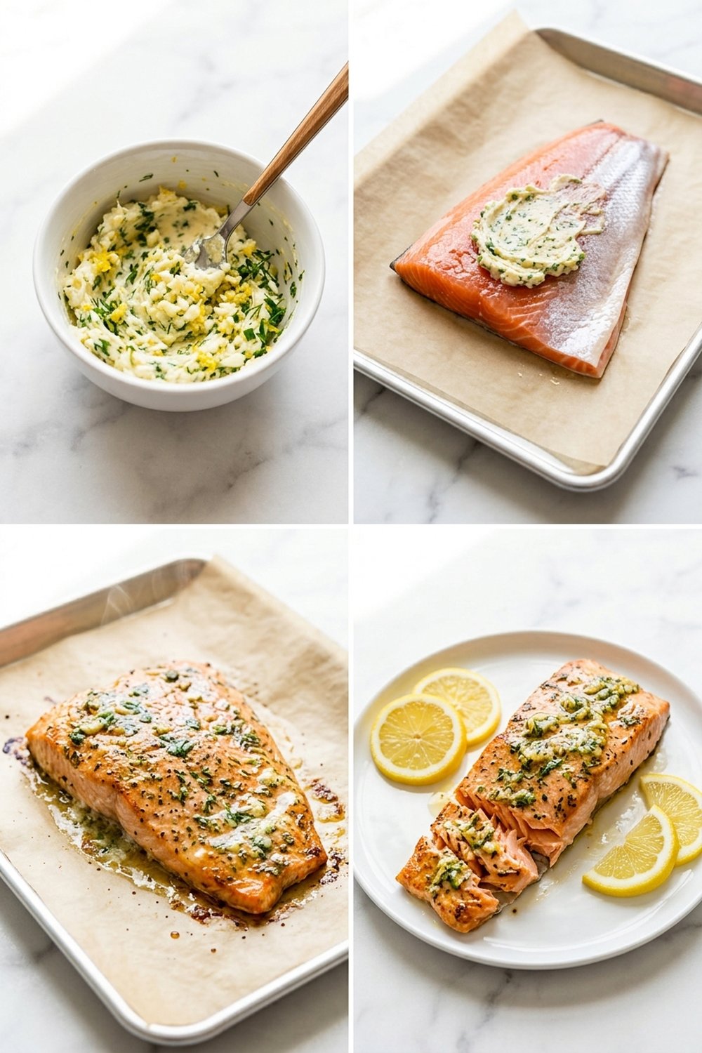 Four step process collage for baked salmon with garlic butter