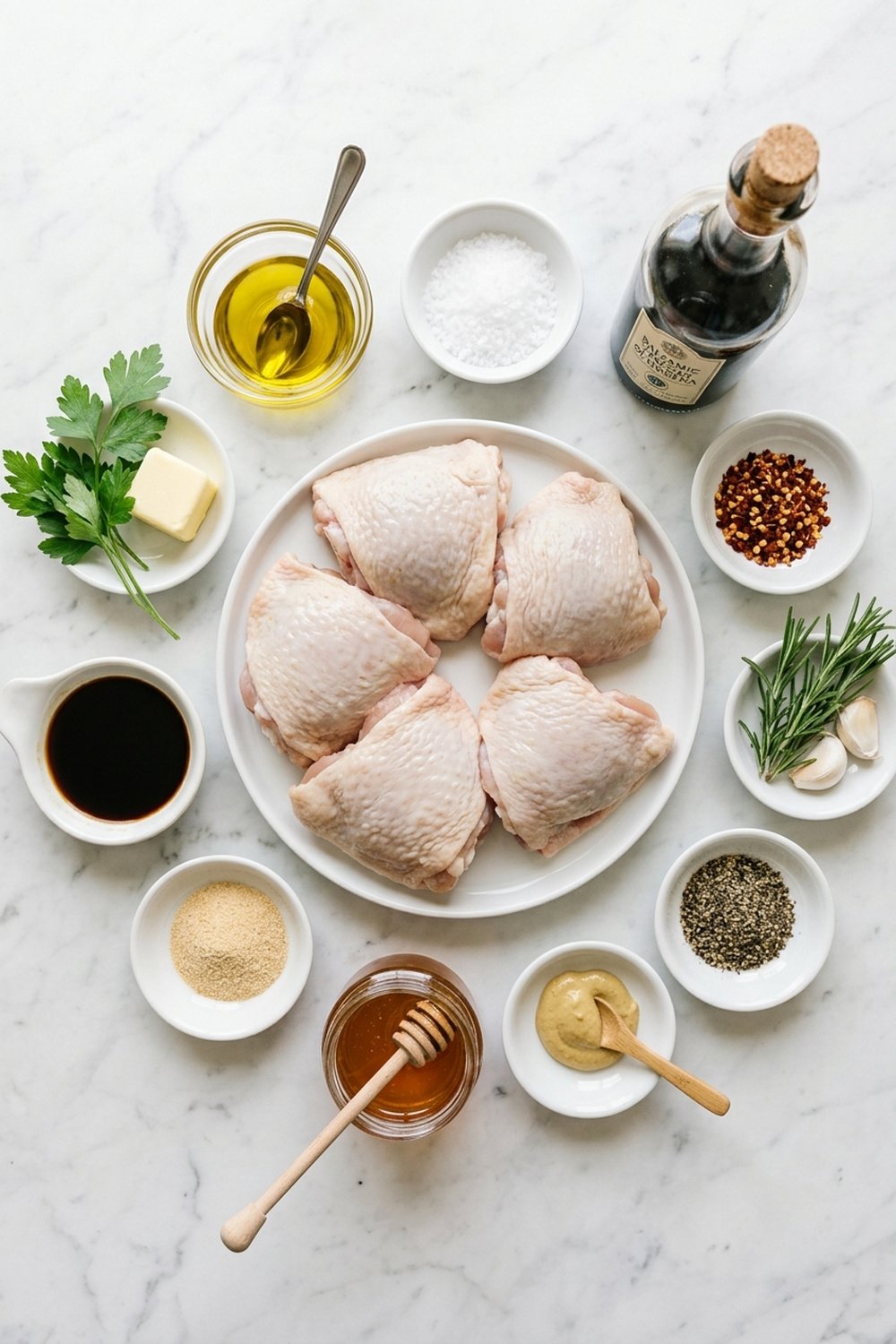 Flat lay of ingredients for balsamic glazed chicken thighs on white marble