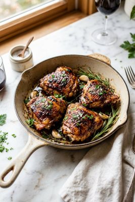 Balsamic glazed chicken thighs in cast iron skillet with glossy glaze