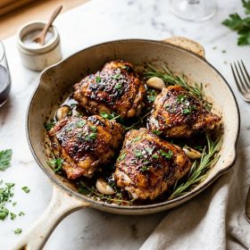 Balsamic glazed chicken thighs in cast iron skillet with glossy glaze