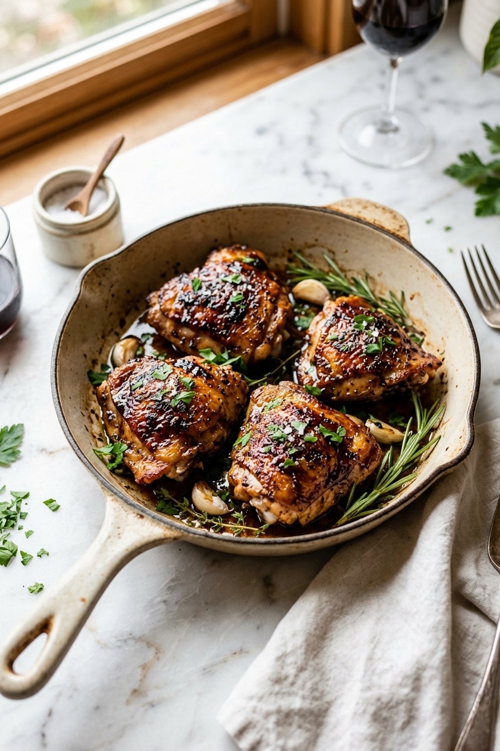 Balsamic glazed chicken thighs in cast iron skillet with glossy glaze