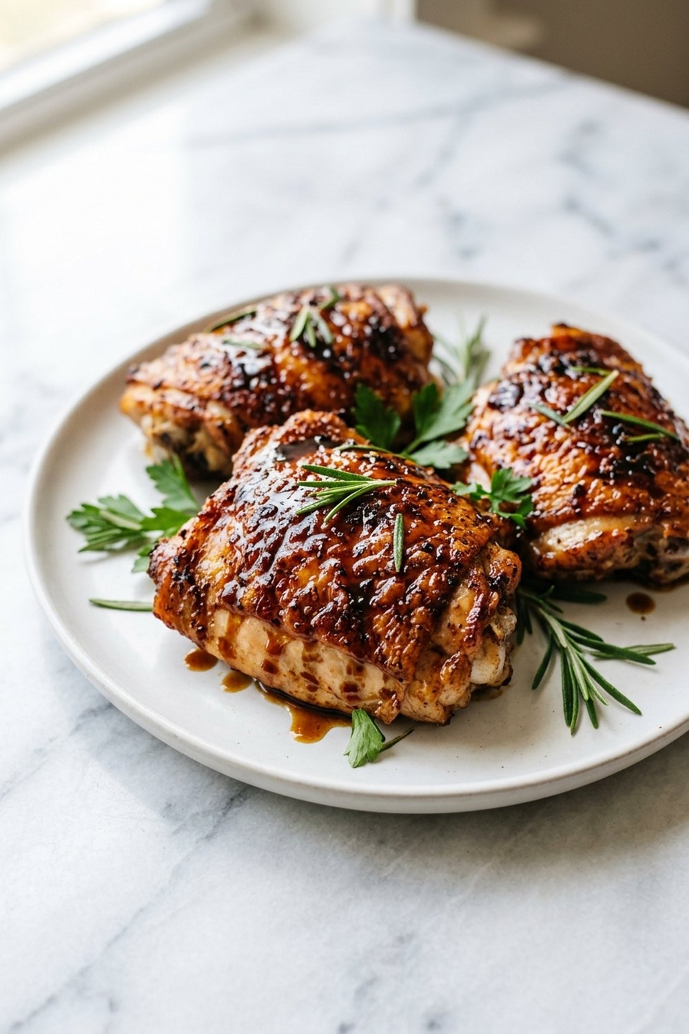 Close up of balsamic glazed chicken thighs with glossy glaze