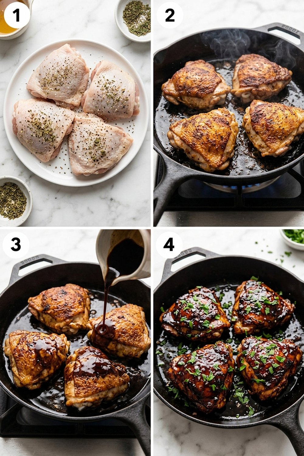 Four step process collage for balsamic glazed chicken thighs