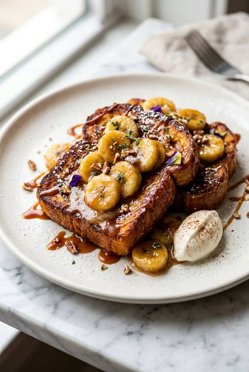 Close up of Bananas Foster French Toast