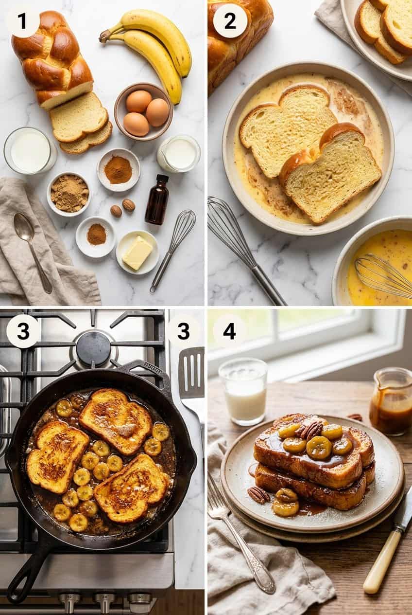 Step by step process for making Bananas Foster French Toast