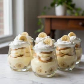 Banana pudding cups in clear glasses on marble with vanilla wafers and banana slices