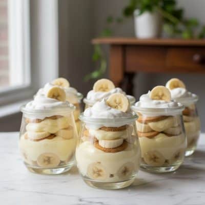 Banana pudding cups in clear glasses on marble with vanilla wafers and banana slices