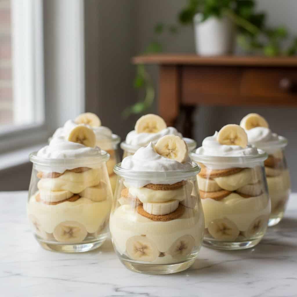 Banana pudding cups in clear glasses on marble with vanilla wafers and banana slices