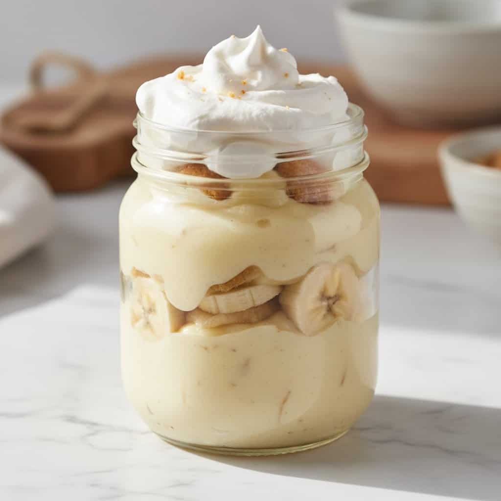 Close up of banana pudding cup with layers of cream, vanilla wafers and fresh banana